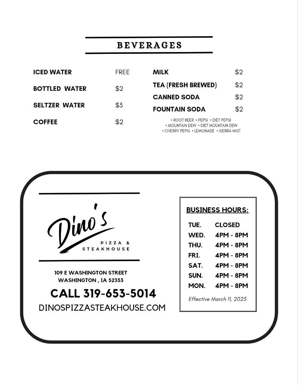 Dinos Drink Menu